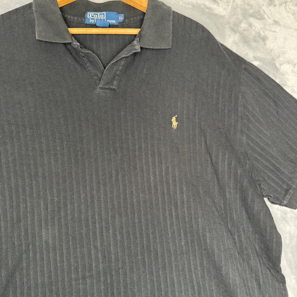 Ralph Lauren Mens XL Black Ribbed V-Neck Short Sleeve Polo Shirt Cotton Vintage - Picture 3 of 6